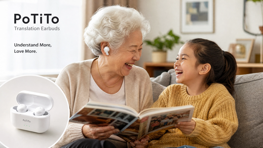 A young woman happily talking with her grandmother, both wearing PoTiTo Translation Earbuds. Text overlay: "NEVER MISS A FAMILY STORY. The Secret to Connecting with Every Generation." Features the accurate PoTiTo charging case.
