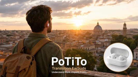 A professional wearing PoTiTo Translation Earbuds in a modern corporate boardroom with international colleagues.
