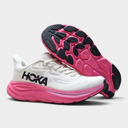HOKA Clifton 10 Women’s Running Shoes – White / Fuchsia
