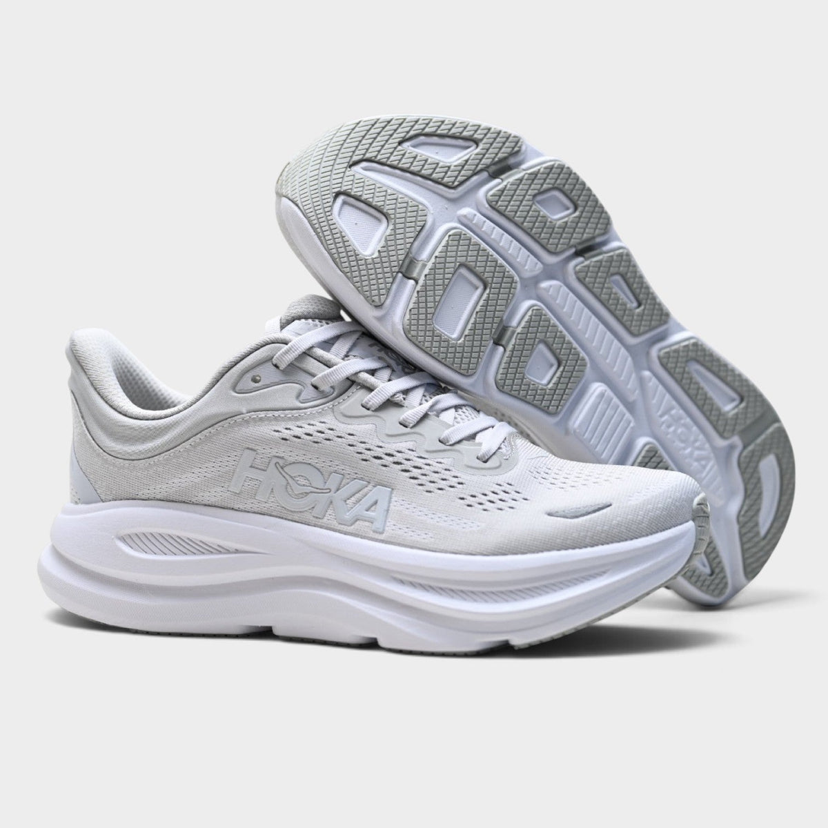 HOKA Bondi 9 Men’s Cushioned Road Running Shoes – Light Grey / White