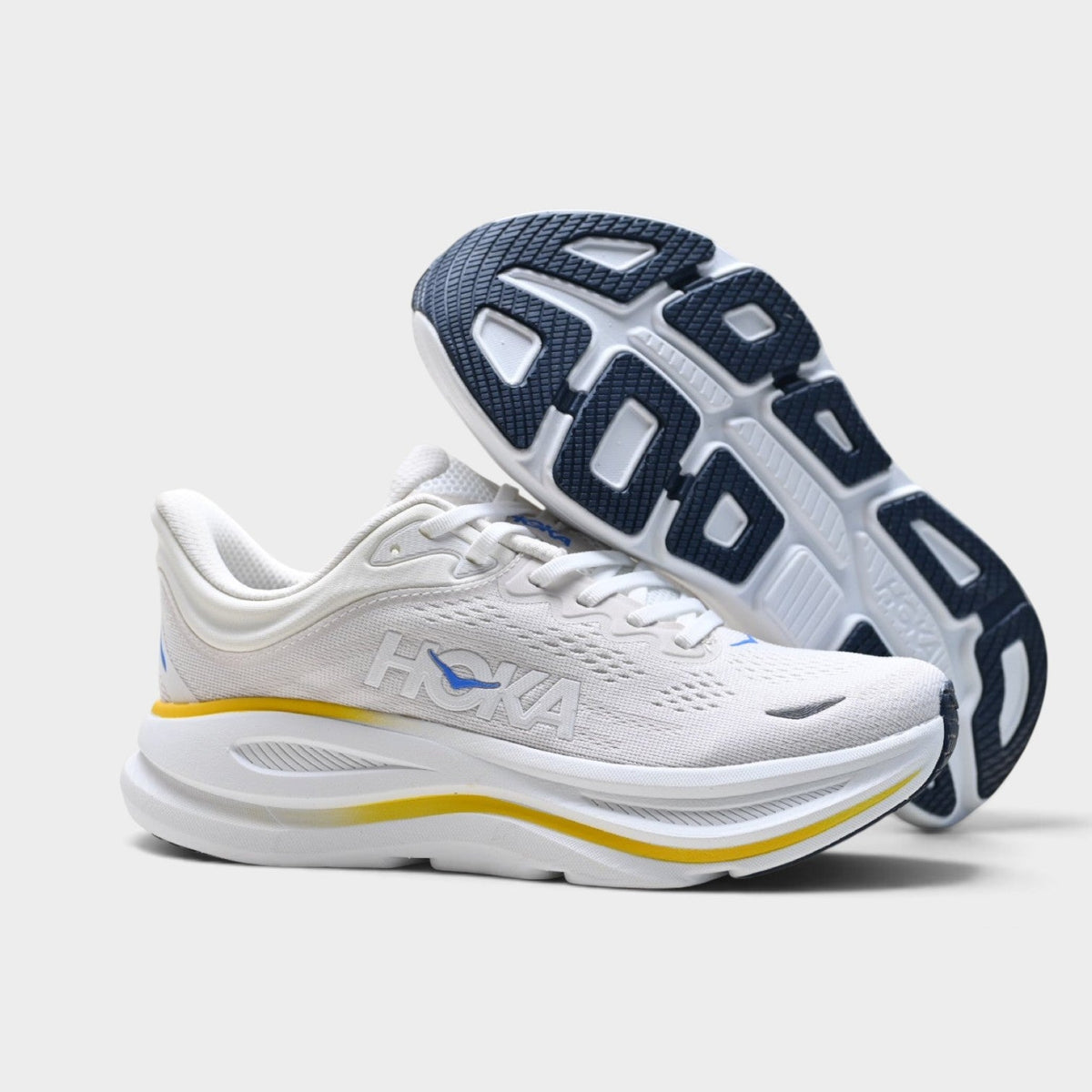 HOKA Bondi 9 Men’s Cushioned Road Running Shoes – White / Yellow