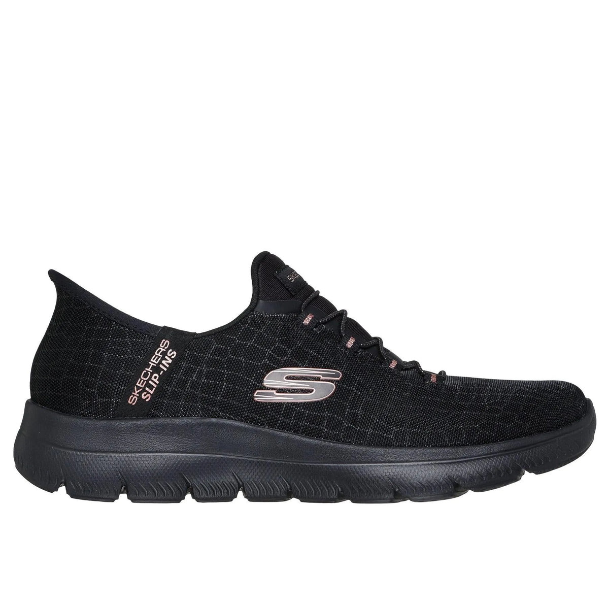 Skechers 150128 Summits-Classy Night Hands Free Ladies Black Gold Textile Vegan Slip On Trainers