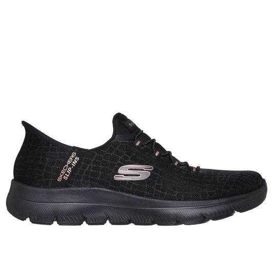 Skechers 150128 Summits-Classy Night Hands Free Ladies Black Gold Textile Vegan Slip On Trainers