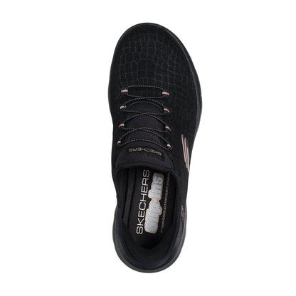 Skechers 150128 Summits-Classy Night Hands Free Ladies Black Gold Textile Vegan Slip On Trainers